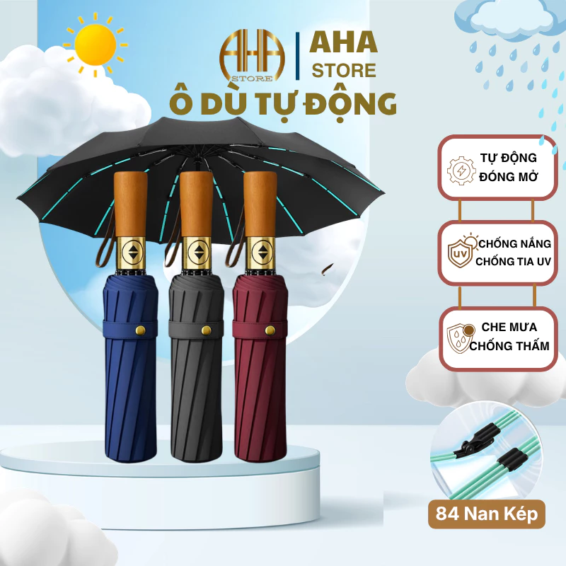Ô Dù Che Mưa Che Nắng Tự Động Thép Cao Cấp, Chống Tia Cực Tím Tay Cầm Bằng Gỗ Cổ Điển Bền Bỉ