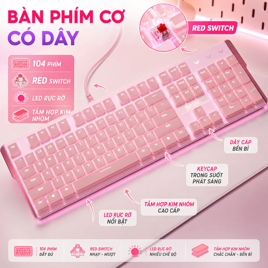 Bàn Phím cơ onikuma Gaming Blue/Red switch 104 phím Màu hồng có dây/ Đèn LED Chống Nước Chơi Game cho máy tính/laptop