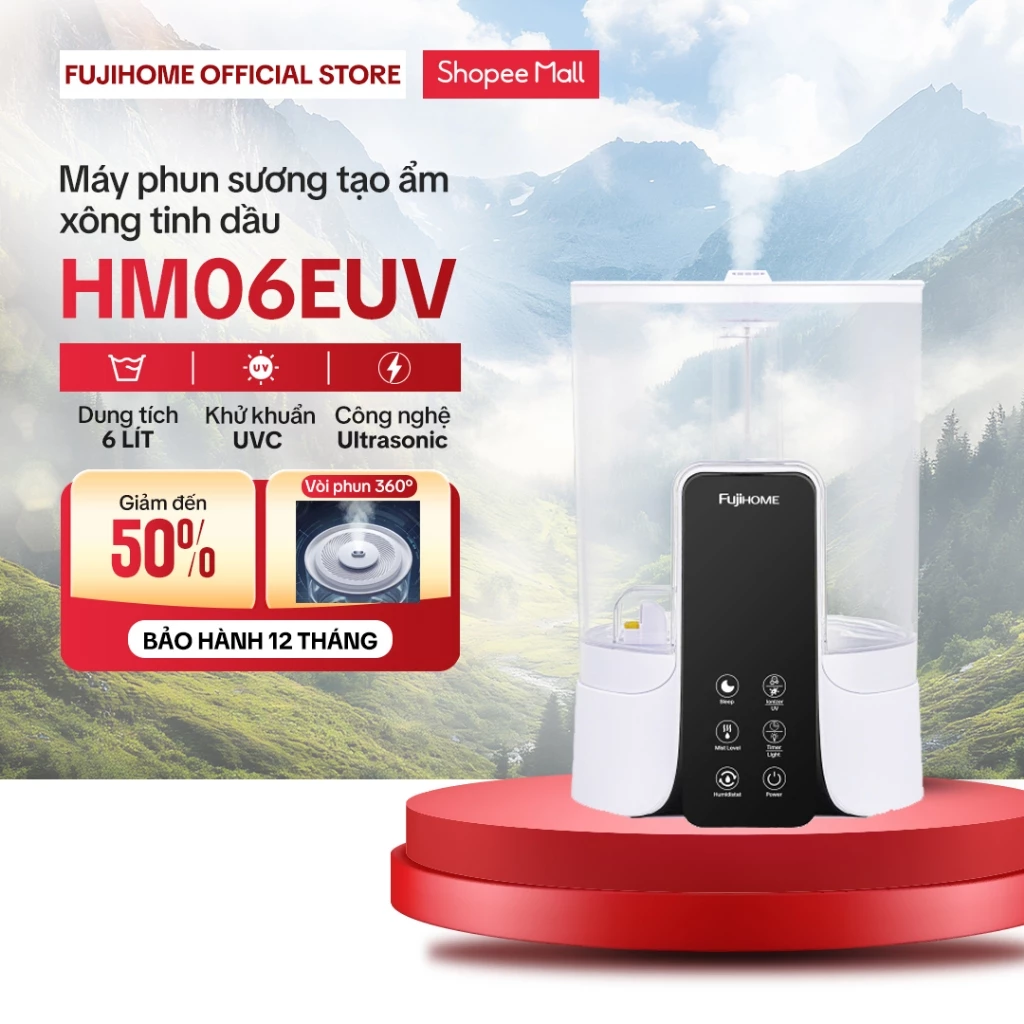 Máy phun sương tạo ẩm 6 Lít khử khuẩn UV FUJIHOME HM06EUV, máy xông tinh dầu Công nghệ Ultrasonic tạo ion âm