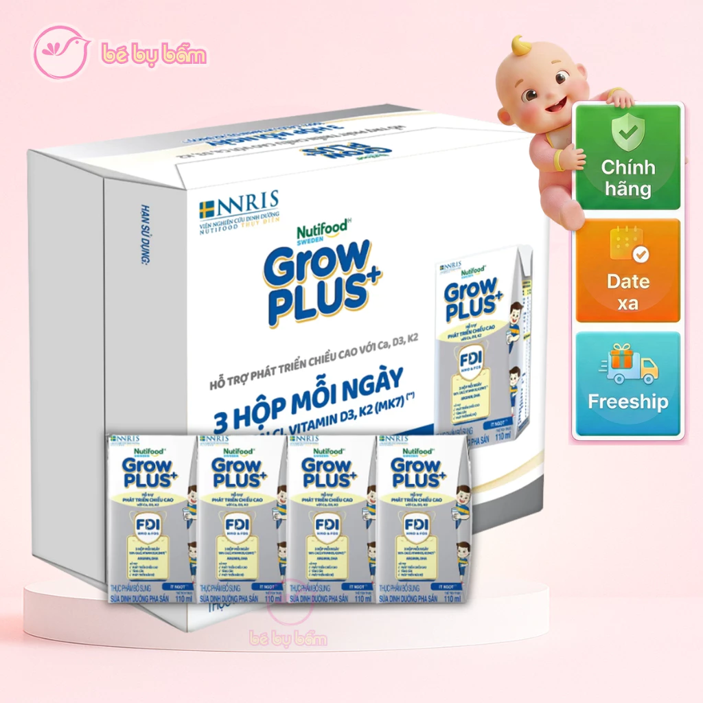 🍼 [HỘP 110ML] Thùng 24 Hộp Sữa Bột Pha Sẵn Nutifood Grow PLUS+ Bạc - Chính hãng, Date mới, giá rẻ
