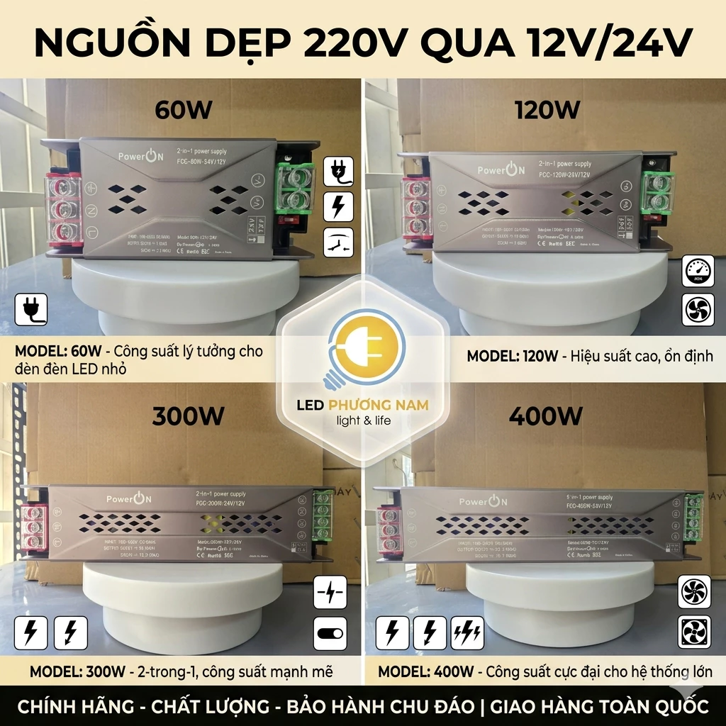 Nguồn Dẹp 2 Trong 1: 220V Sang 12V/24V Đa Năng (60W/120W/300W/400W) - LED Phương Nam