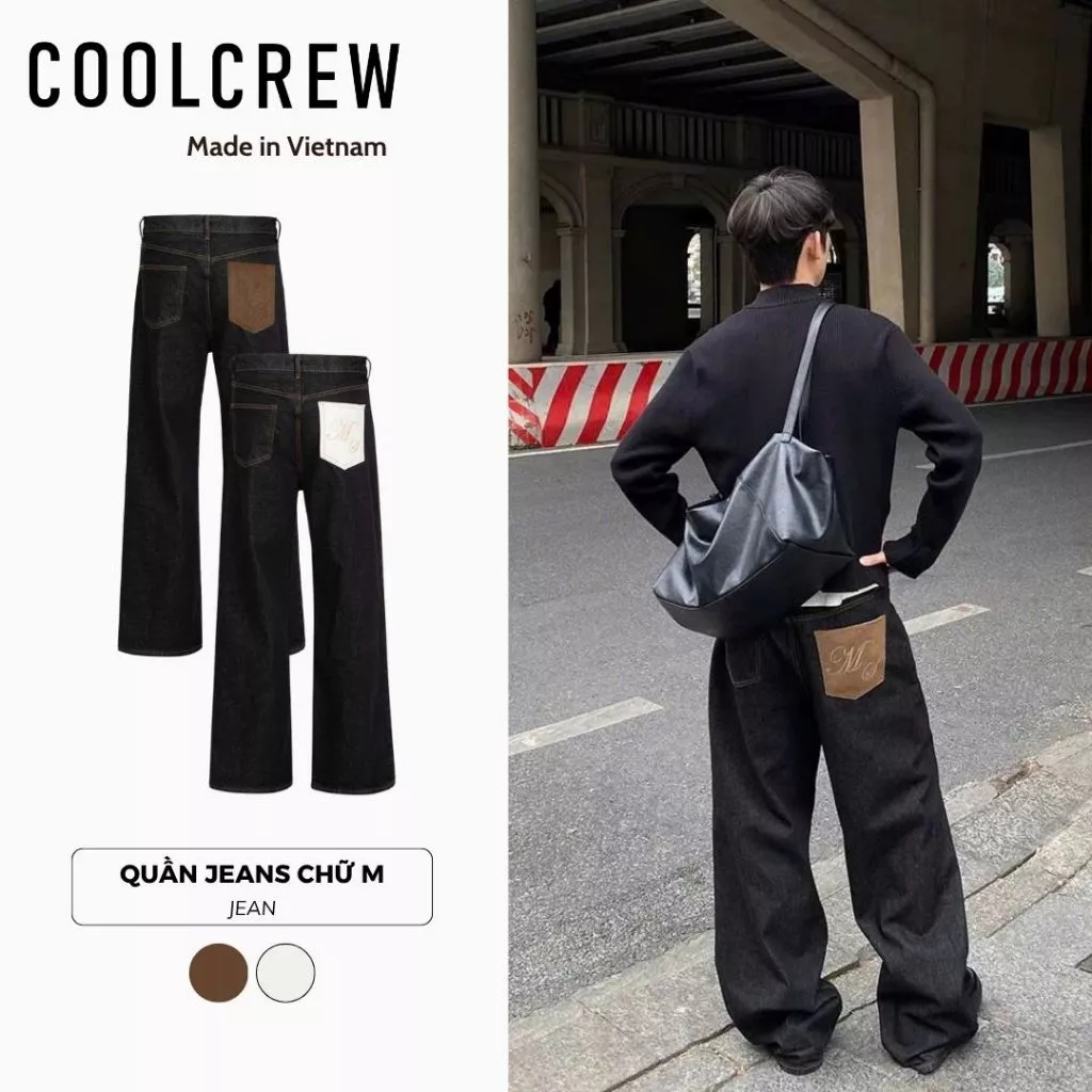 Quần Jeans Form Rộng Chữ M 𝐂𝐎𝐎𝐋𝐂𝐑𝐄𝐖 Phong Cách Unisex Nam Nữ, Đường Phố QTD009