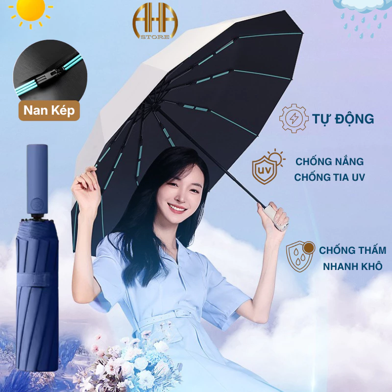 Ô Dù Loại TỰ ĐỘNG Thủ Công Che Mưa Nắng Cầm Tay Gấp Gọn 2 Chiều, Chống Tia UV, Chống Lật