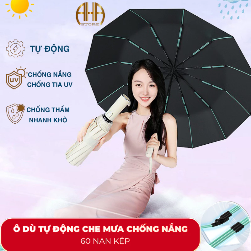 Ô Gấp Gọn Tự Động 24 Nan Kép, Che Mưa Che Nắng, Chống UV, Chống Thấm Nước, Chống Lật