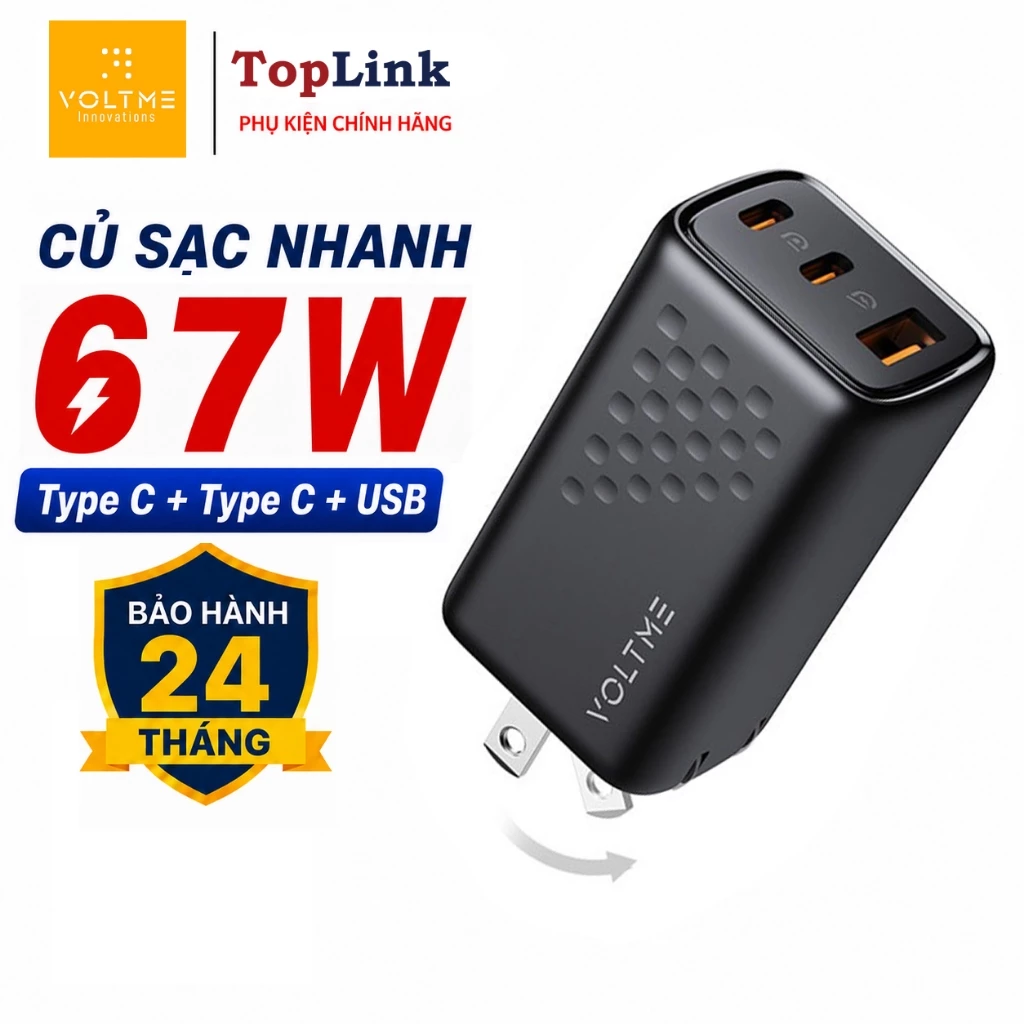 Củ Sạc Siêu Nhanh 67W 3 cổng VOLTME Nhỏ Gọn Hơn 48% Sạc MacPro 50% Trong 46 Phút Cho Điện Thoại, LapTop, Tablets
