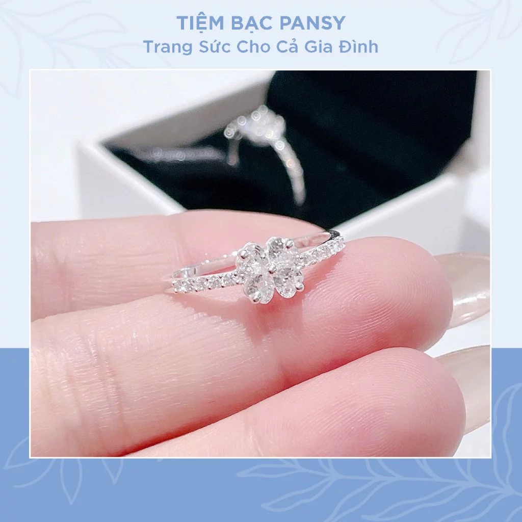 Nhẫn bạc nữ PANSY hình cỏ 4 lá cánh tim đính đá chuẩn bạc ta