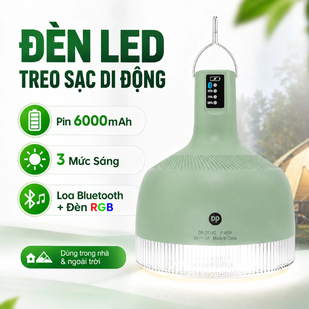 loa bluetooth - Đèn LED Tích Điện DP-7814D 6000mAh 48W 3 Mức Sáng RGB Có Loa Sạc Type-C Dùng Trong Nhà Ngoài Trời