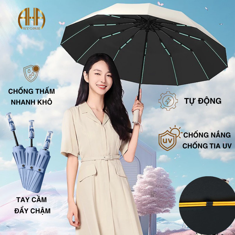 Ô Che Nắng Tự Động Cán Trong Suốt Cơ Chế Đóng Chậm 24 Nan Kép Chống Tia UV, Chố Thấm