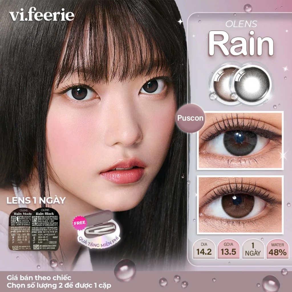(OLENS) Kính áp tròng (lens) tự nhiên viền mỏng tròn trong trẻo giãn nhẹ 1 ngày RAIN BLACK/ MOCHA Lens- Vi Feerie Lens