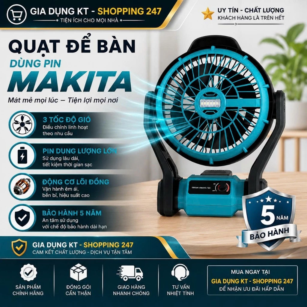 Quạt Tích Điện Chạy Pin MAKITA, Quạt Mini Để Bàn 12 Inch Công Suất Lớn, Làm Mát Cực Nhanh, Hoạt Động Bền Bỉ, Mạnh Mẽ