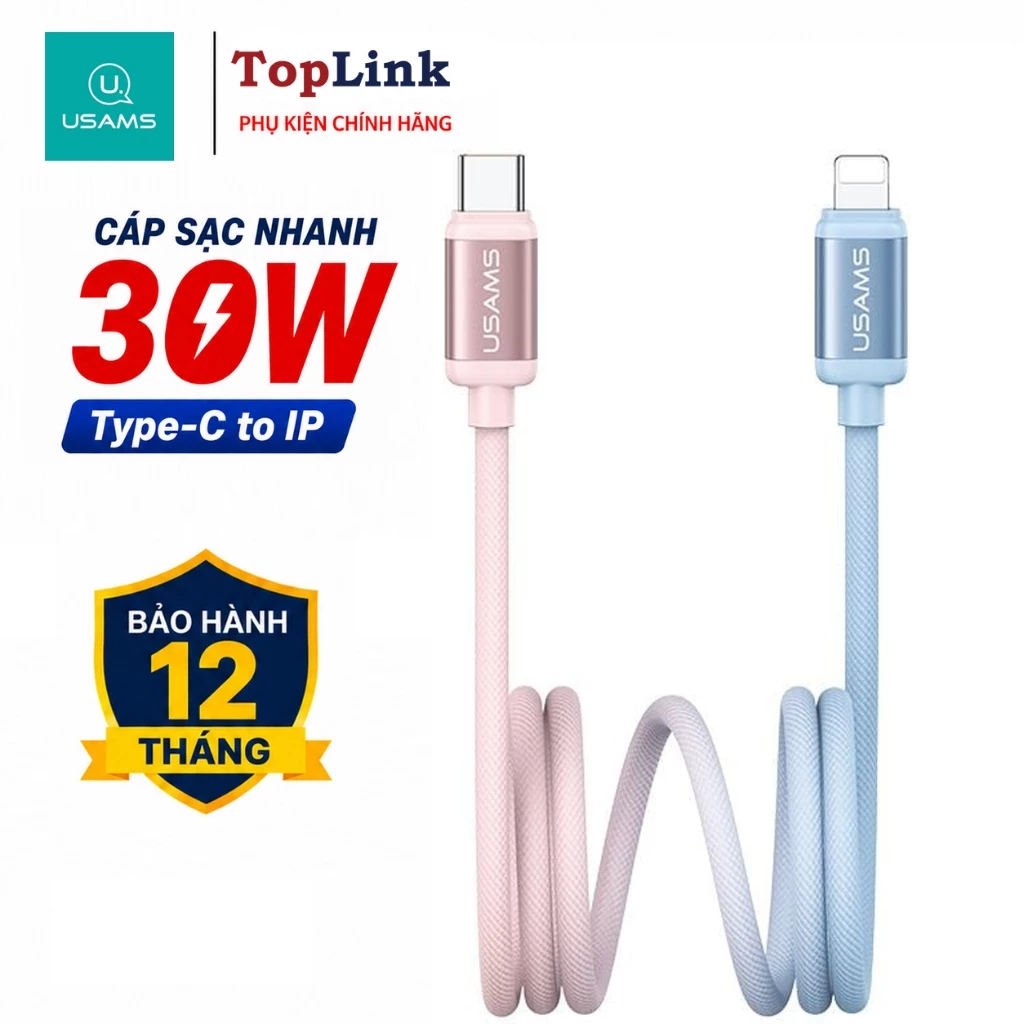 Dây sạc nhanh PD 30w Usams Cho IP 11/12/13/14 Truyền data 480Mbps Bện Dù Siêu Bền An Toàn Dài 25cm 1.2m