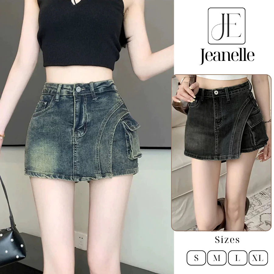 Chân váy jeans nữ chữ a cạp cao tôn dáng, quần giả váy jeans dáng A màu bạc WSHJ55