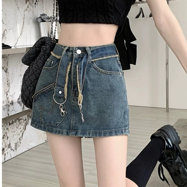 Quần giả váy jean nữ ngắn dáng chữ a cạp cao xanh đen tôn dáng cá tính WSHJ56