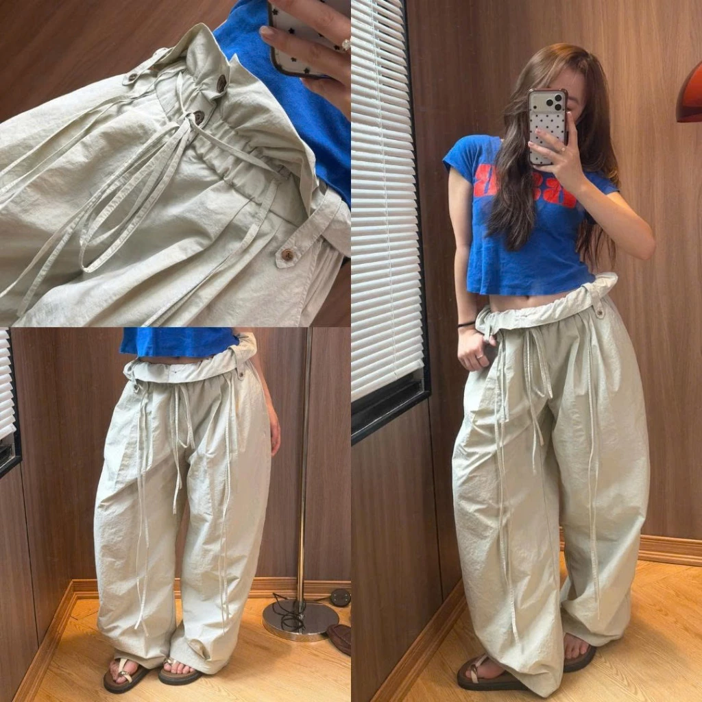 Quần Ống Rộng Nữ Cạp Gập Vải Gió Dáng Cong Phối Dây Buộc Nơ Tôn Dáng Thời Trang Hàn Quốc 247Store Quan305