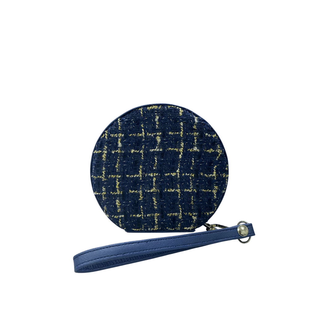 [Hàng tặng không bán] Túi Tweed Cầm Tay Hình Tròn Có Dây Đeo-Xanh Navy