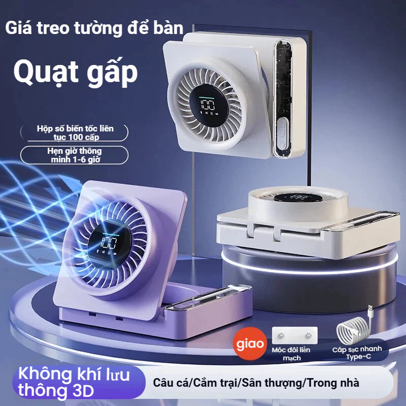 Quạt Mini Cầm Tay Để Bàn Treo Tường 4000mAh, Dùng 6 Giờ, Gập Gọn, Quạt Turbo 7 Cánh, 5 Mức, Yên Tĩnh