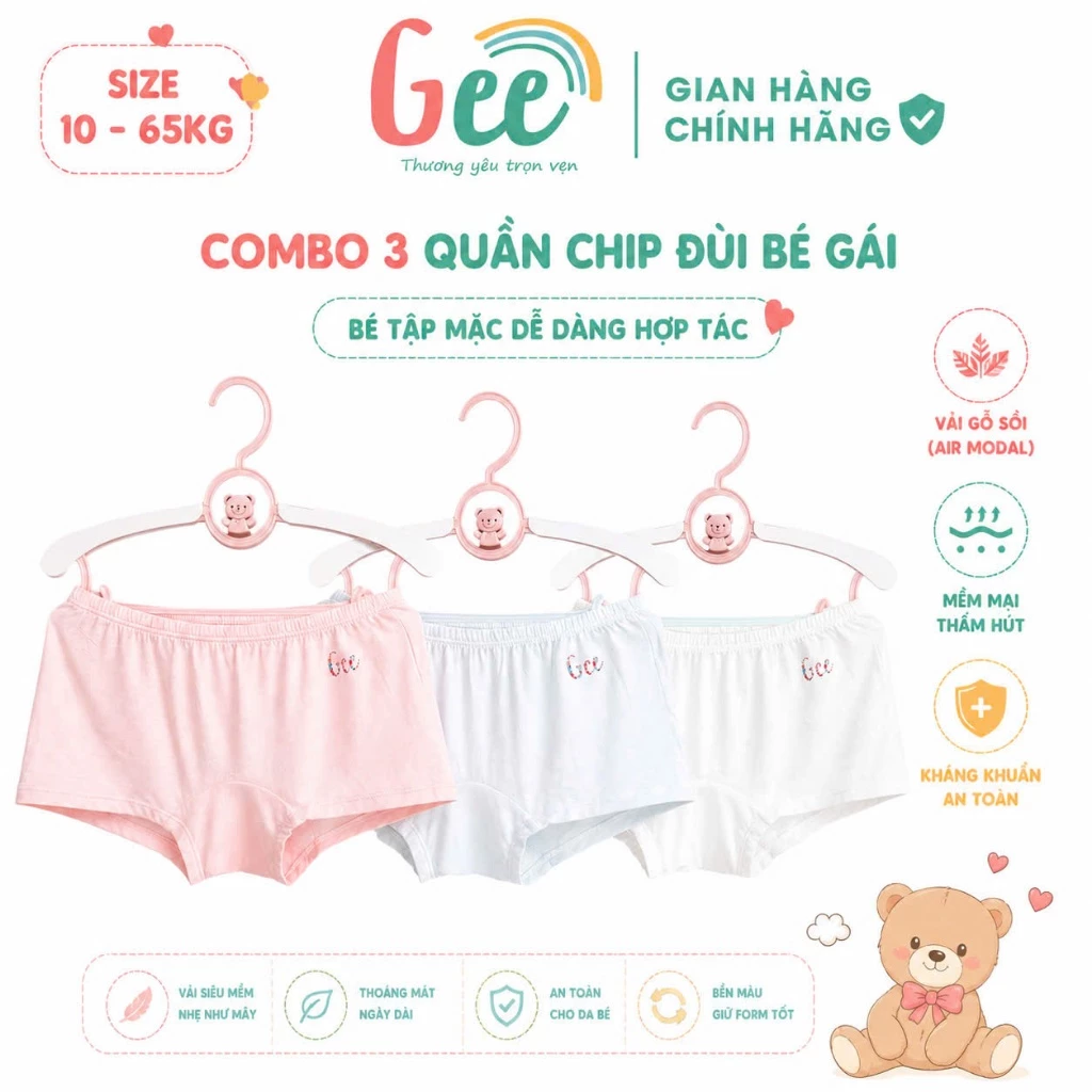 Set 3 quần chip đùi bé Gái Gee sợi tre, gỗ sồi size 10-65kg, mềm mịn mát, thấm hút, co giãn, kháng khuẩn