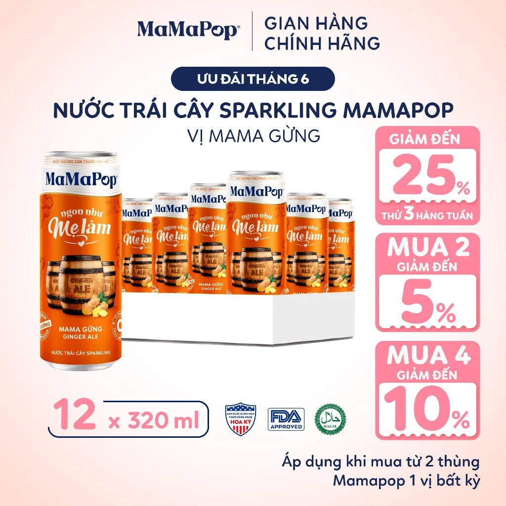 Thùng 12 Lon Nước Trái Cây Có Gas MaMaPop MaMa Gừng 320ml ÍT ĐƯỜNG Từ Trái Cây Nguyên Chất Bổ Sung VITAMIN C, KOMBUCHA