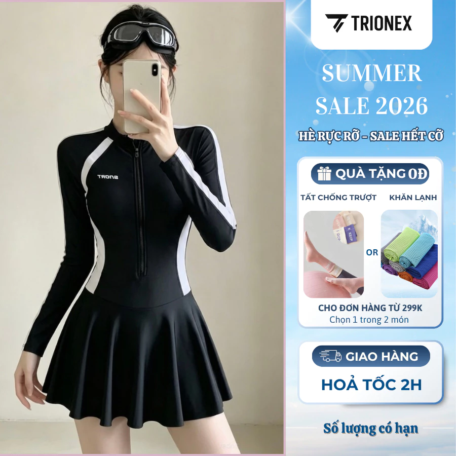 Bikini Nữ Đi Biển Dài Tay TRIONEX, Set Đồ Bơi Nữ Dáng Váy Liền Thân Kèm Quần Trong Kín Đáo Cao Cấp [K056]