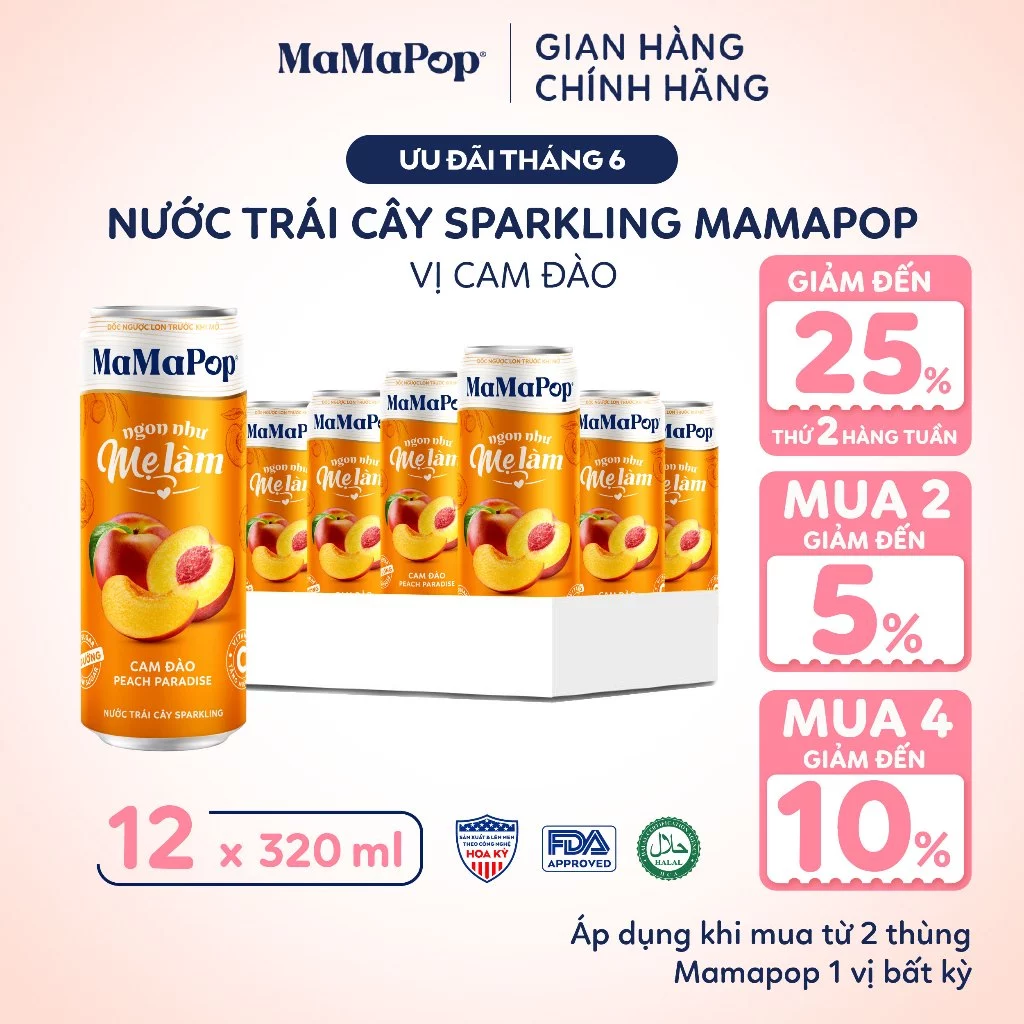 Thùng 12 Lon Nước Trái Cây Có Gas MaMaPop Cam Đào 320ml ÍT ĐƯỜNG Từ Trái Cây Nguyên Chất Bổ Sung VITAMIN C Và KOMBUCHA