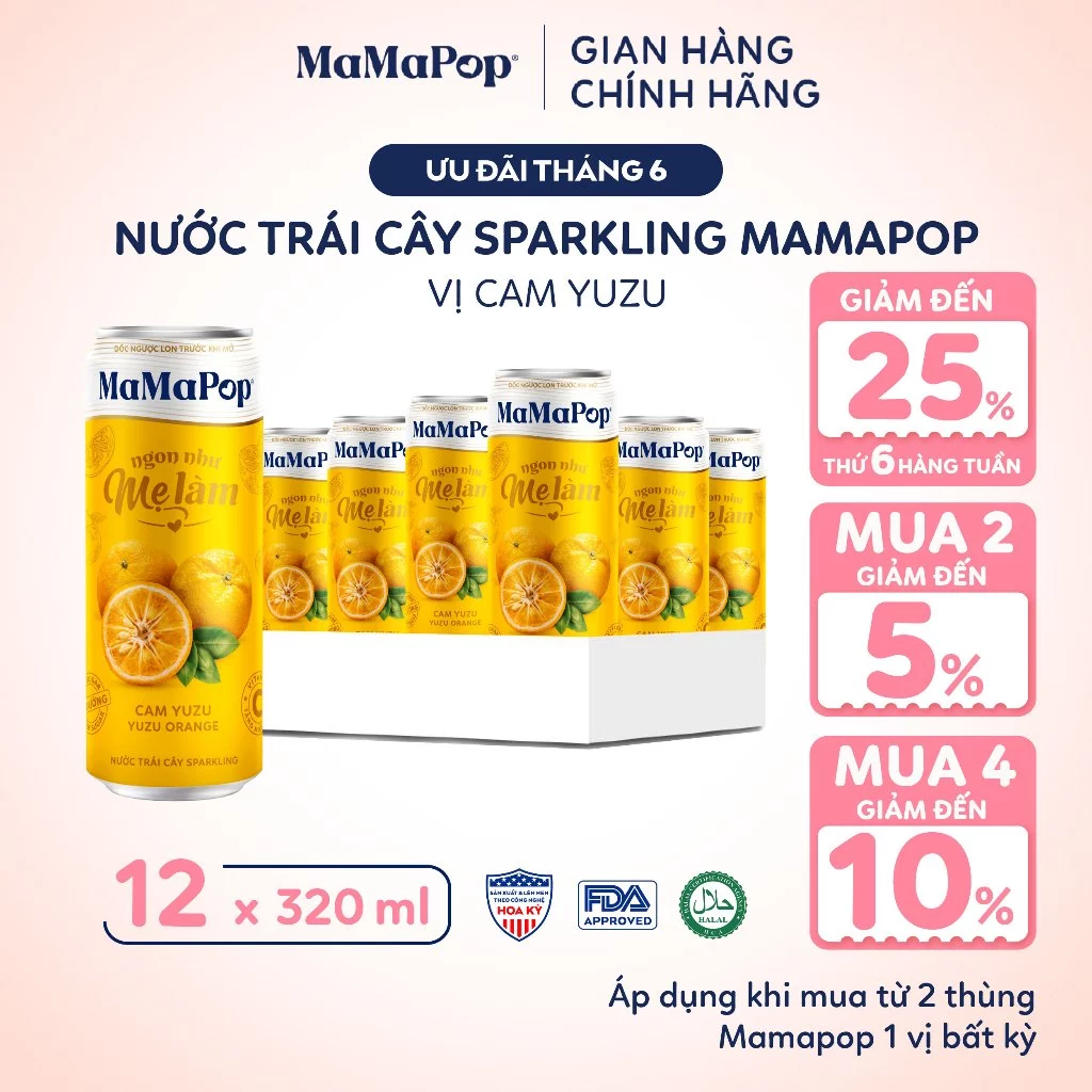 Thùng 12 Lon Nước Trái Cây Có Gas MaMaPop Cam Yuzu 320ml ÍT ĐƯỜNG Từ Trái Cây Nguyên Chất Bổ Sung VITAMIN C Và KOMBUCHA