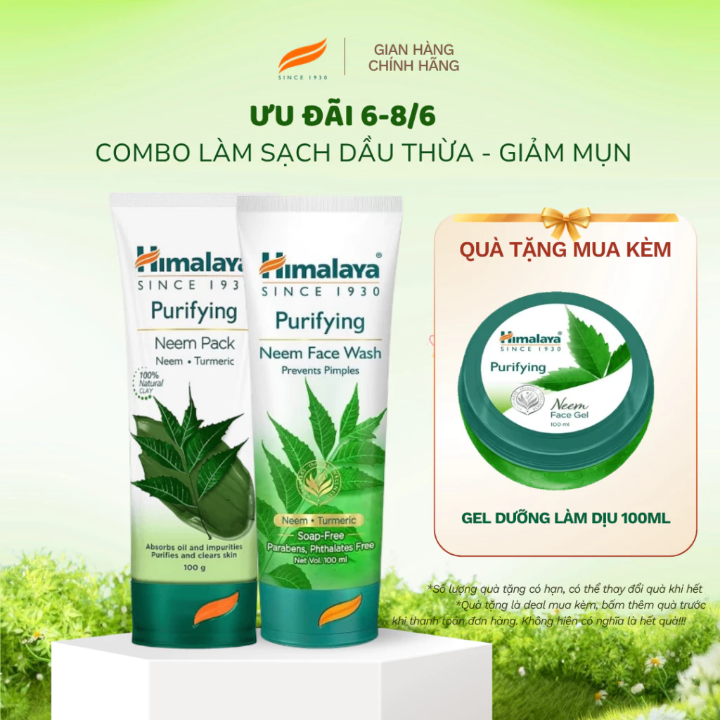 Combo làm sạch bã nhờn, loại bỏ mụn Himalaya Neem Face Wash 100ml và Neem Pack 100ml
