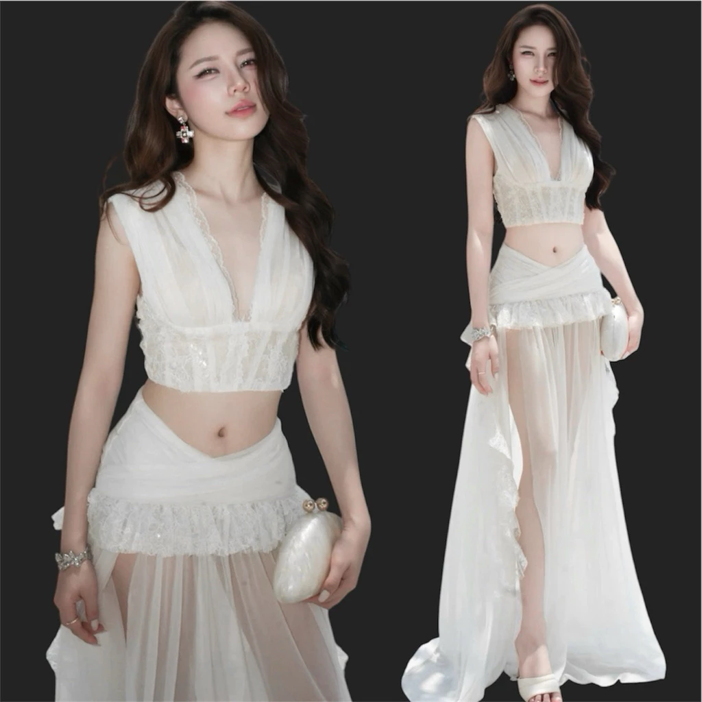 635 - Set Áo Croptop + Chân Váy Dài Xẻ Tà