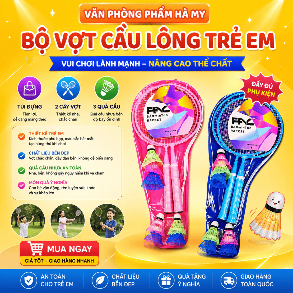 Bộ Vợt Cầu Lông Cho Trẻ Em - Gồm 1 Túi + 2 Cây Vợt + 3 Quả Cầu Nhựa