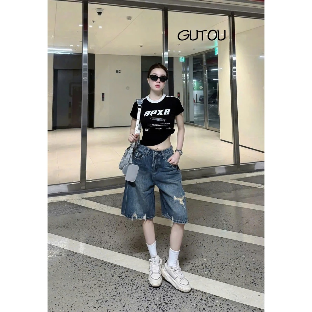 [ GUTOU ] Quần Jean Lửng Nữ Cạp Cao, Quần Jean Lửng Wash Rách Flap Pocket G254