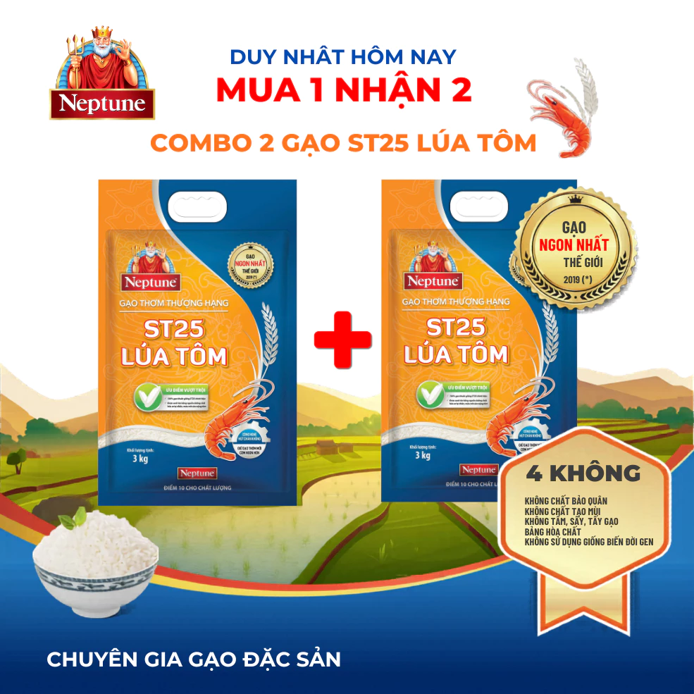 Combo 2 Túi Gạo thơm Thượng Hạng Neptune ST25 Lúa Tôm 3kg