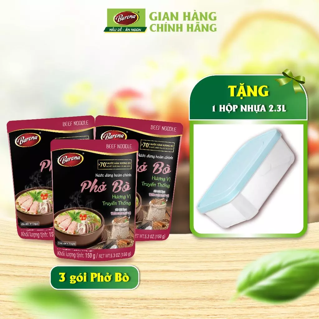 Combo 3 Gói Nước dùng Phở Bò Barona 150g [Tặng Hộp Nhựa 2.3 lít ]