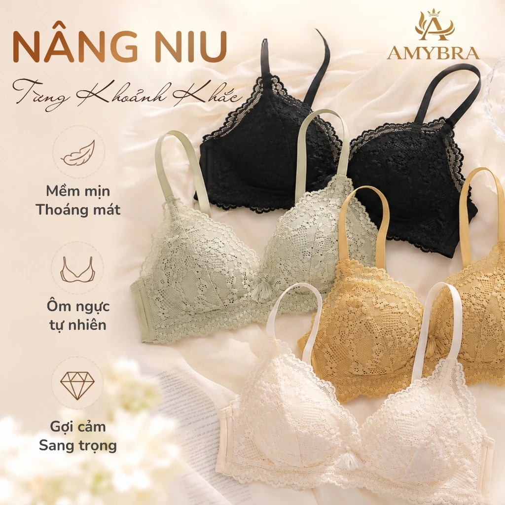 [ Deal Hời ] Áo Ngực Nữ Phối Ren Đệm Mỏng Cao Cấp, Áo Lót Nữ Không Gọng Tạo Khe Quyến Rũ AMYBRA A2004