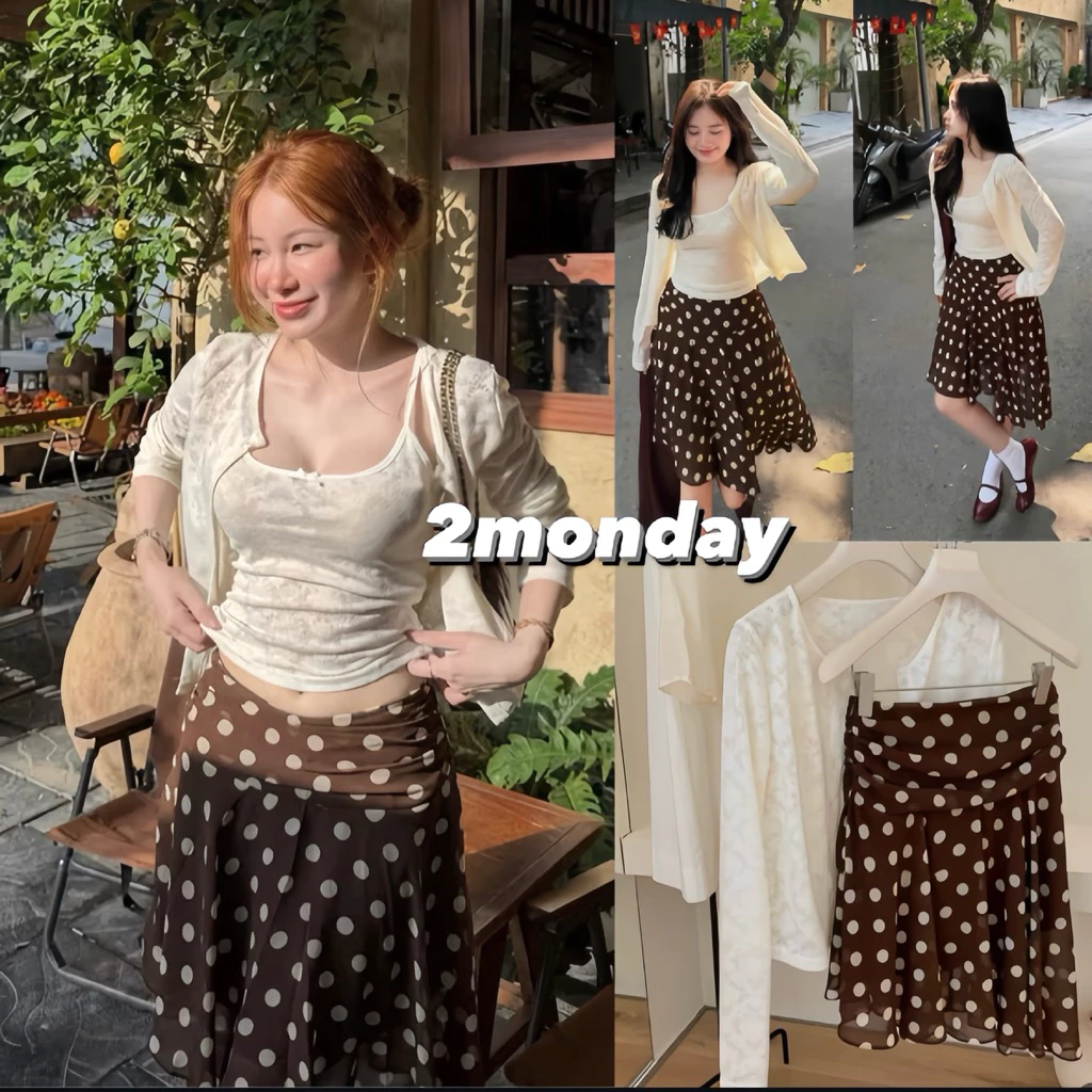 [HÀNG LOẠI 1/ SẴN] SET 3 MÓN ÁO HAI DÂY REN HOA KÈM ÁO KHOÁC MIX CHÂN VÁY CHẤM BI NÂU 2MONDAY S72