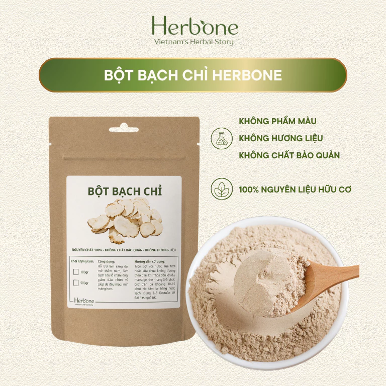 Bột Bạch Chỉ Nguyên Chất Đắp Mặt Nạ HERBONE Dưỡng Trắng Da, Ngăn Ngừa Lão Hóa 100g / 500g