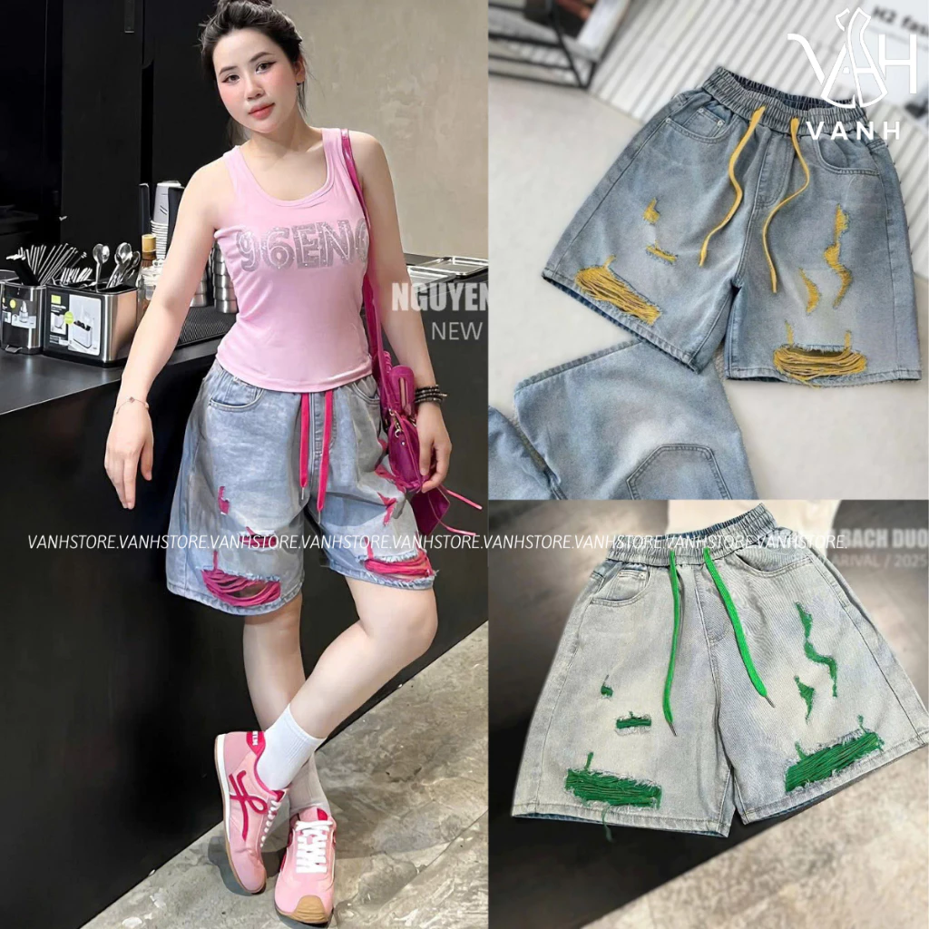 Quần Ngố Jean Nữ Cạp Chun,Lưng Cao, Quần Ngố Jean Mềm Rách Màu Thời Trang HOTTREND WSHJ69