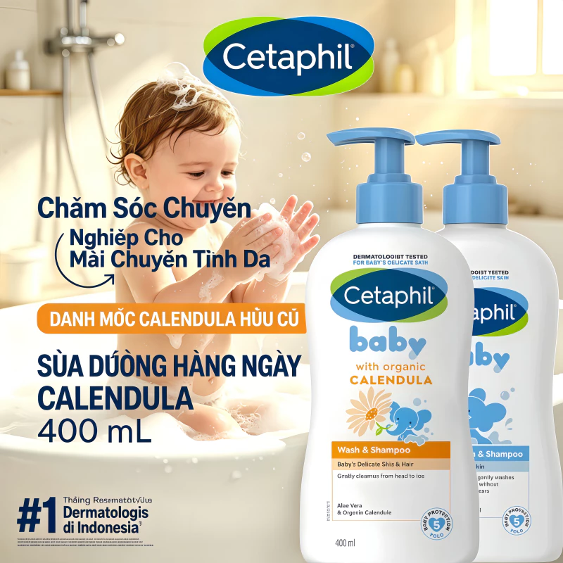 Cetaphil cho bé - Cetaphil Baby Wash & Shampoo with Organic Calendula 400ml / Dầu gội và sữa tắm dịu nhẹ và dưỡng ẩm cho