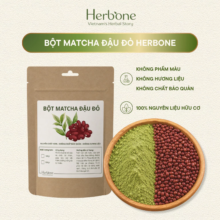 Bột Trà Xanh Matcha Đậu Đỏ HERBONE Dưỡng Da Sáng Mịn, Tẩy Da Chết, Ngăn Ngừa Lão Hóa Body & Mặt 100g - 500g