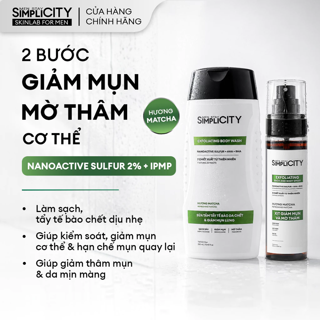 Combo giảm mụn & mờ thâm toàn thân toàn diện: Sữa tắm tẩy tế bào da chết 250ml & Xịt giảm mụn mờ thâm 100ml