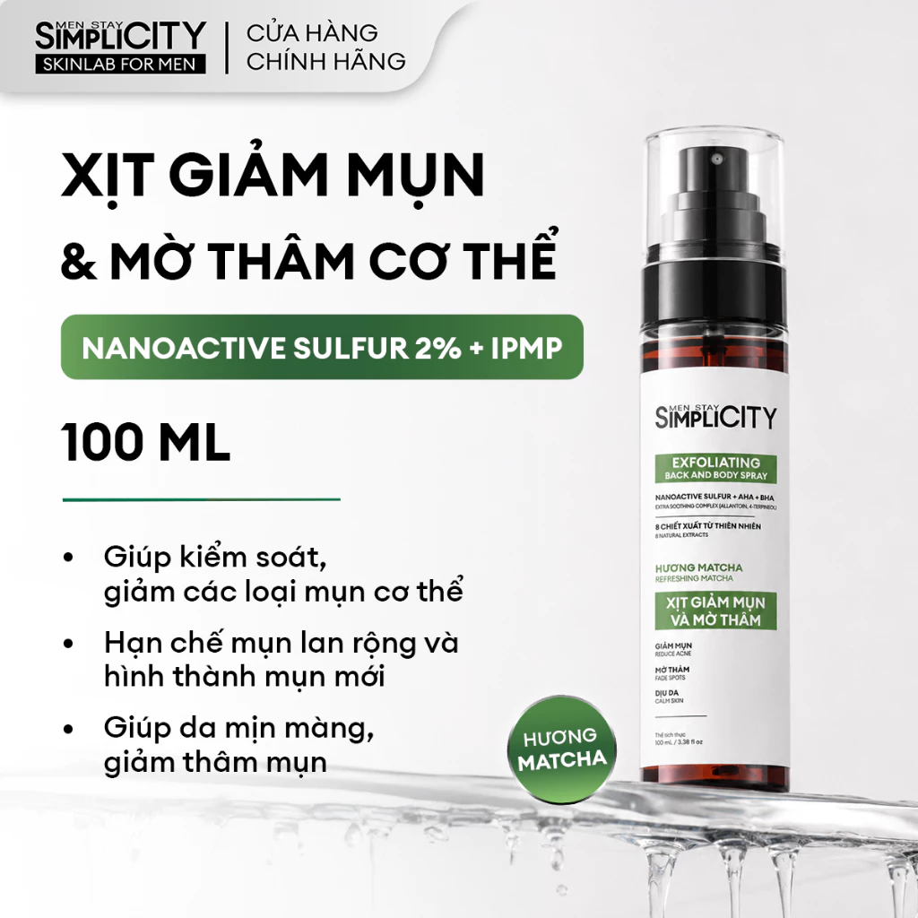 Xịt giảm mụn và mờ thâm cơ thể Men Stay Simplicity Exfoliating Body Spray 100ml