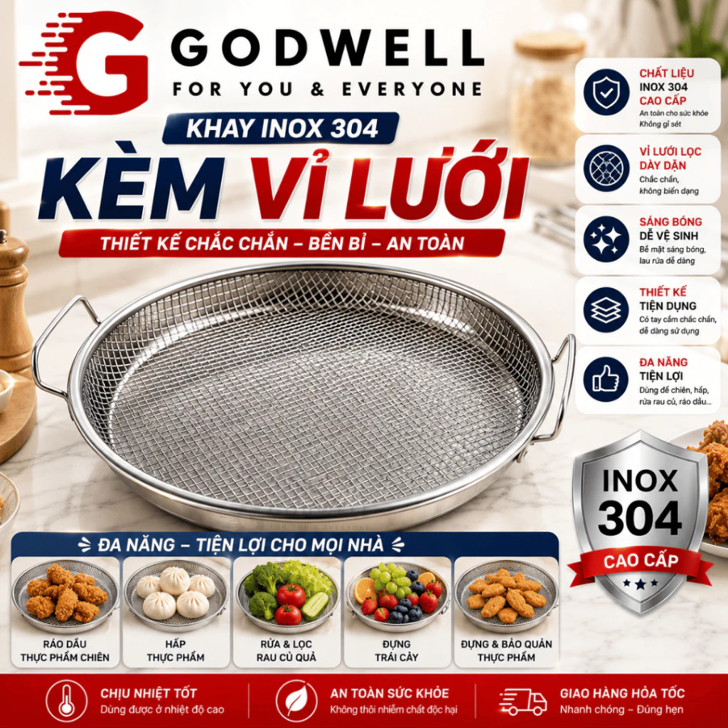 SET KHAY (ĐĨA) KÈM VỈ LƯỚI LỌC DẦU CHẤT LIỆU INOX 304, Vỉ Lưới Chiên Rán Giòn Ngon Hạn Chế Dầu Mỡ