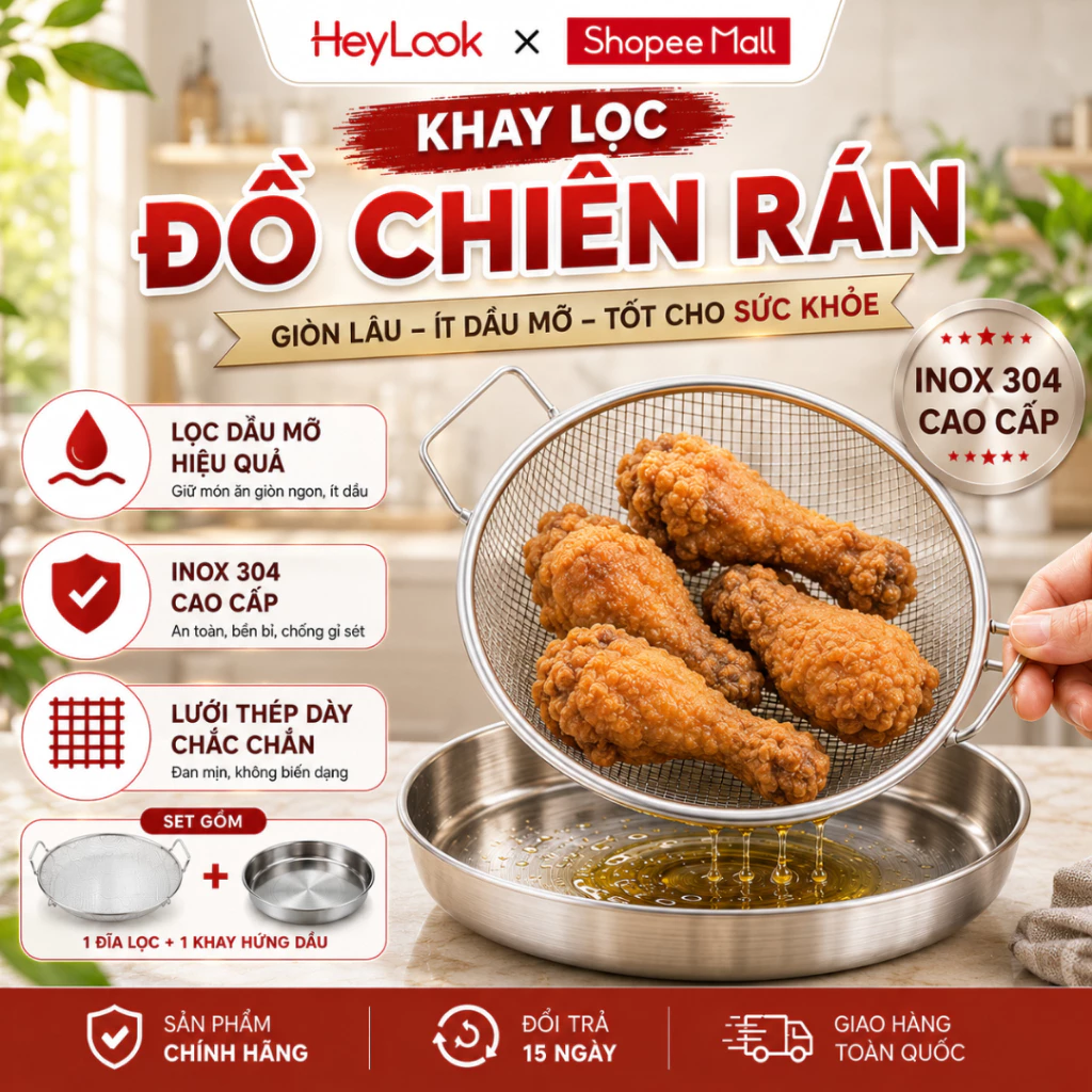 Khay Lọc Dầu Đồ Chiên Rán Inox Cao Cấp Kèm Khay Hứng Dầu - Rổ Lọc Dầu Giảm Dầu Mỡ Hiệu Quả