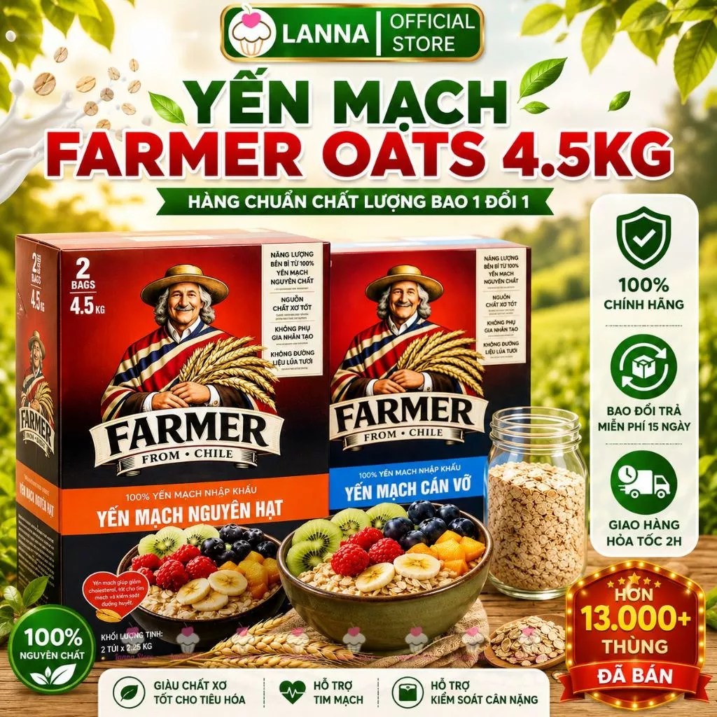 【CHÍNH HÃNG + THÙNG 4.5KG】Yến Mạch Tươi Nguyên Cám Cán Dẹp/ Vỡ Chile Farmer Daily Oats Giàu Chất Xơ