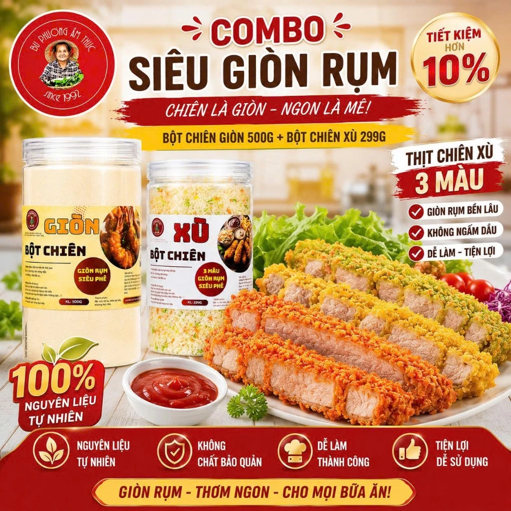 COMBO Siêu Giòn Rụm: Bột Chiên Giòn 500G - Bột Chiên Xù 229G Thương Hiệu Bu Phương Ẩm Thực