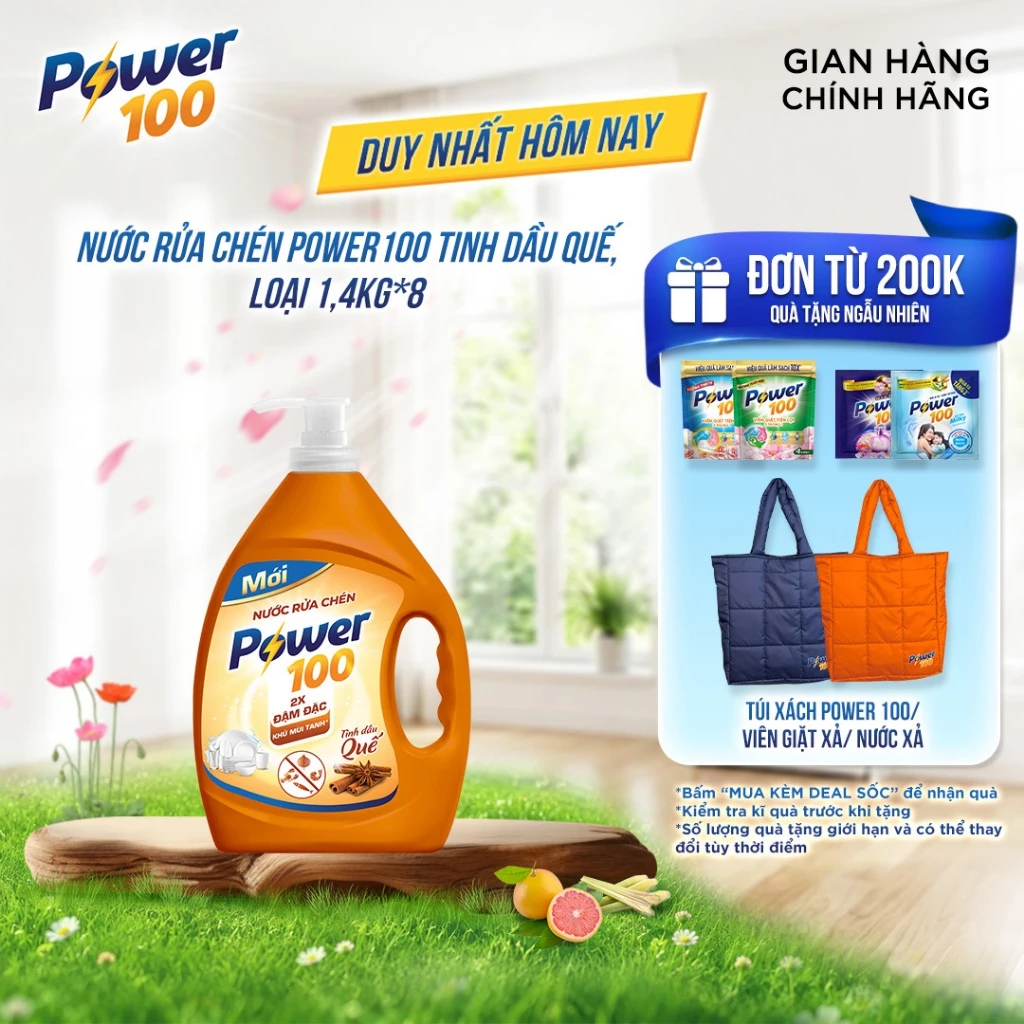 Nước rửa chén Power100 Tinh dầu quế 1.4KG