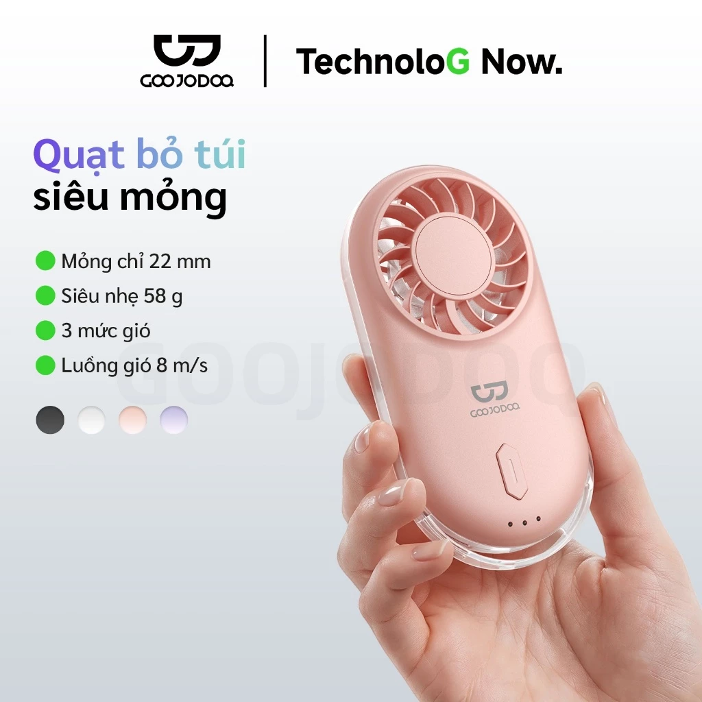 Quạt mini cầm tay siêu mỏng GOOJODOQ có tốc độ quay 10.000 vòng/phút và tốc độ gió 9,1 m/giây