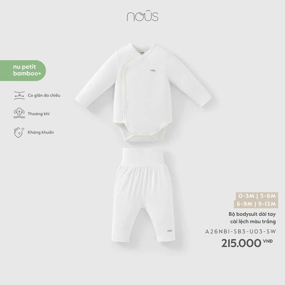 Nous Newborn Bộ Bodysuit dài tay kèm quần cạp cao bé trai bé gái sơ sinh chất petit mềm mát dưới 5.5kg