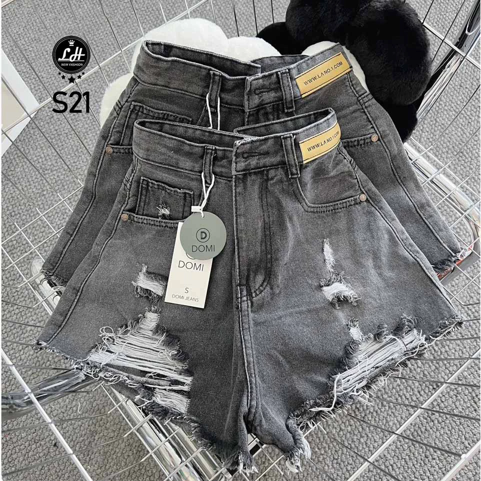 Quần short jean nữ màu xám cạp cao có tag rách te tua WSHJ83