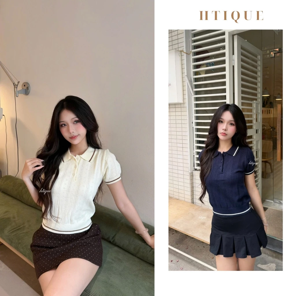 HTIQUE - Áo len polo dệt kim đục lỗ phối viền thanh lịch, Áo len đục lỗ thoáng khí phù hợp đi học đi làm AP06