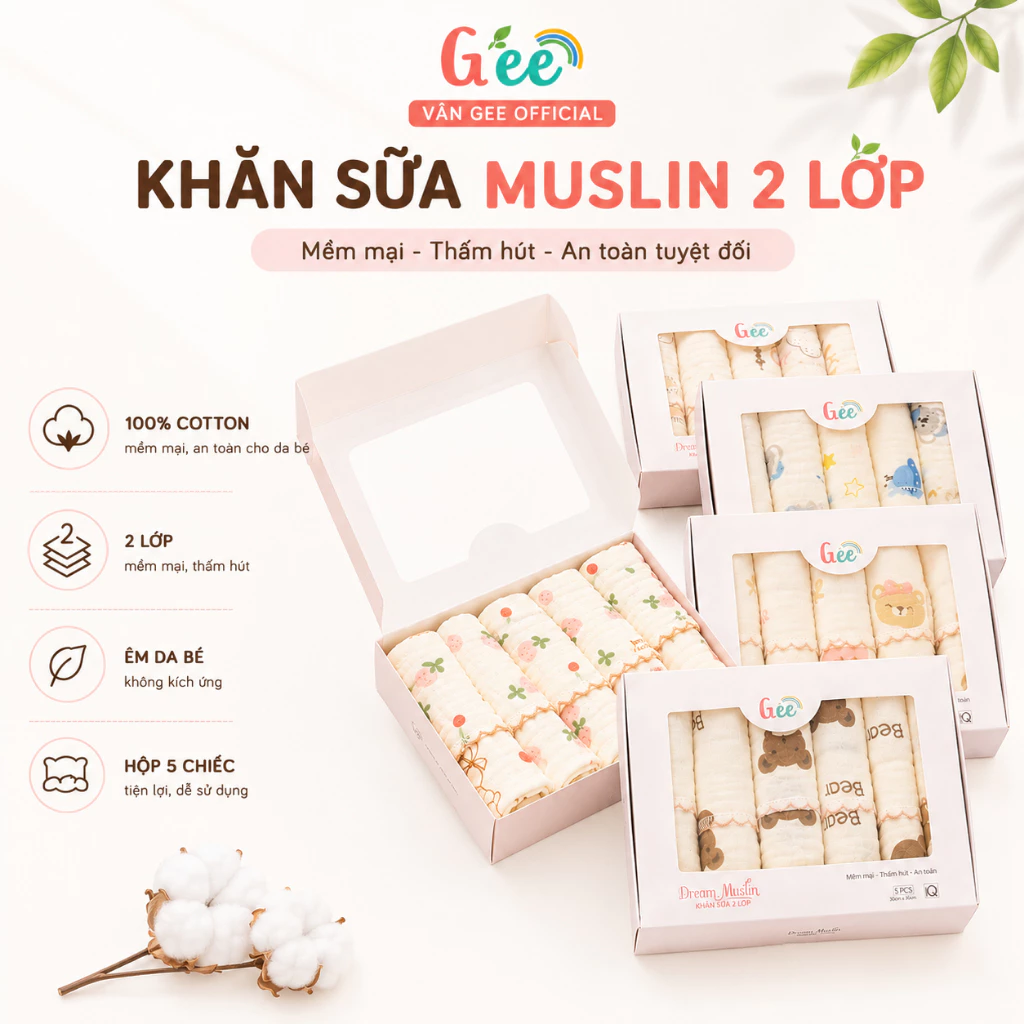 Set 5 khăn sữa Muslin 2 lớp Gee (30x30), khăn cho bé sơ sinh mềm mịn, thấm hút và không bụi vải