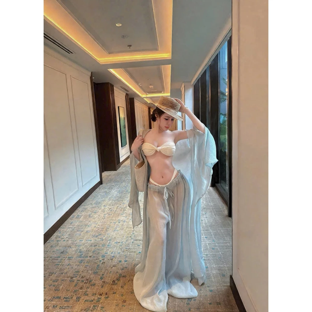 [ SẴN HCM ] Set 4 món CHOÀNG VOAN DÀI Đi Biển,dáng quần suông ống rộng phối bikini trắng sang chảnh HAN.T SHOP